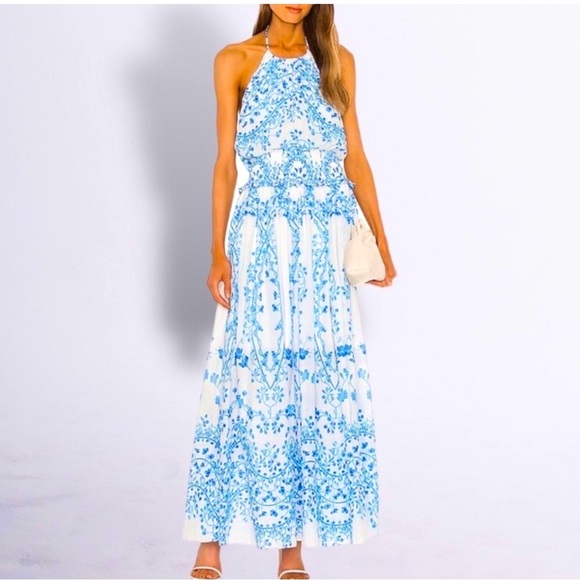 BCBGMAXAZRIA Halter Midi Dress in
Palace Blue Combo - size M - Picture 1 of 10